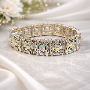 Vintage Aurora Borealis Rhinestone Silver Tone Panel Victorian Revival Bracelet